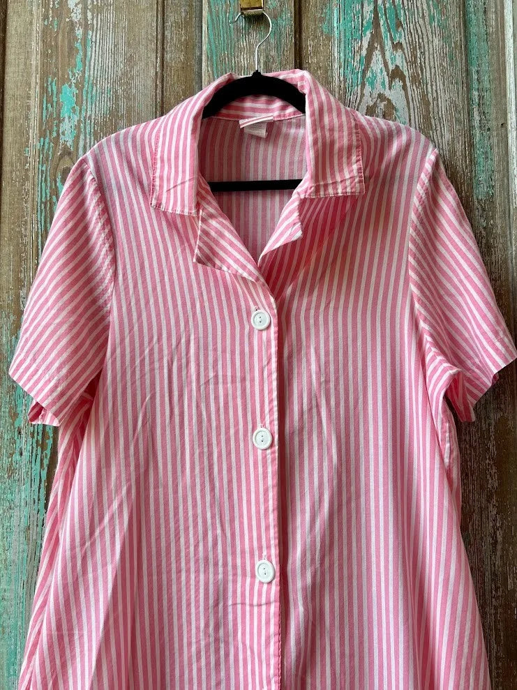 Vintage Pink Striped "Basics" Button Down Dress with Pockets: Women's Large