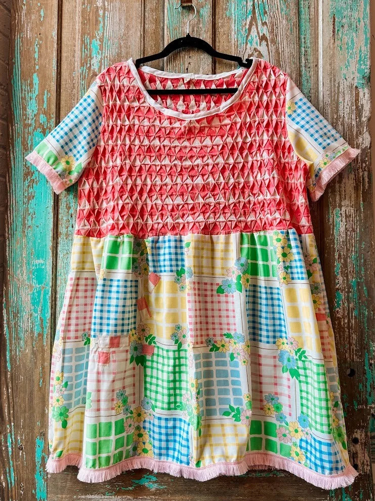 Upcycled "April Showers" Vintage Floral Sheet & Bedspread Dress: Women's Large