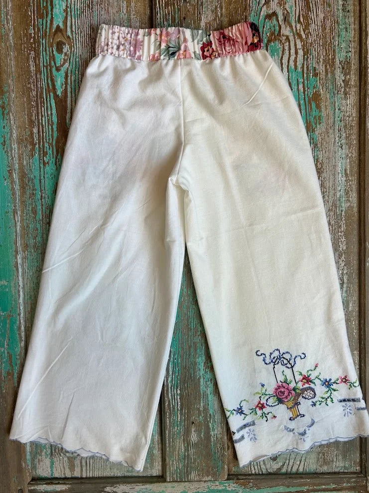 Upcycled "Rose" Vintage Embroidered Pillowcase Pants: Child's Medium