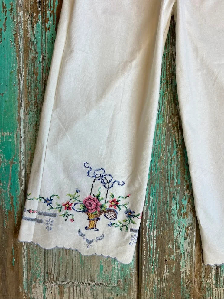 Upcycled "Rose" Vintage Embroidered Pillowcase Pants: Child's Medium