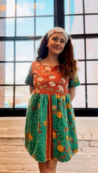 Upcycled "Strawberry Fields" Vintage Tablecloth & Kantha Dress: Women's Medium