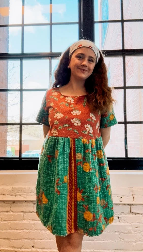 Upcycled "Strawberry Fields" Vintage Tablecloth & Kantha Dress: Women's Medium
