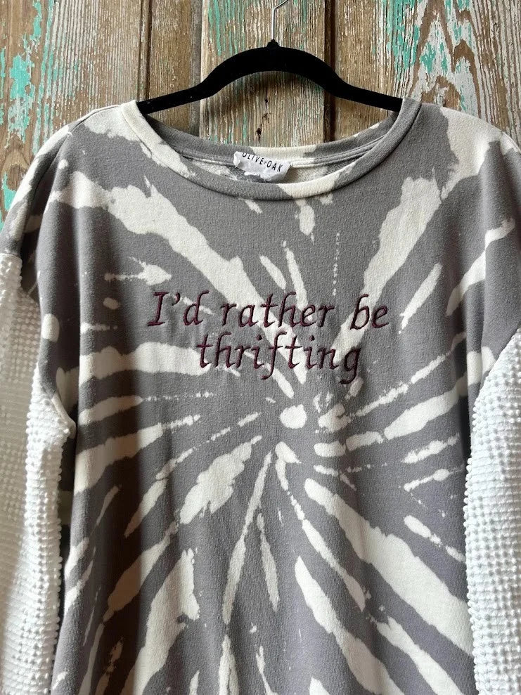 Upcycled "Brielle" I'd Rather Be Thrifting - Chenille Sleeve Sweatshirt: Women's Medium