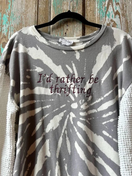 Upcycled "Brielle" I'd Rather Be Thrifting - Chenille Sleeve Sweatshirt: Women's Medium