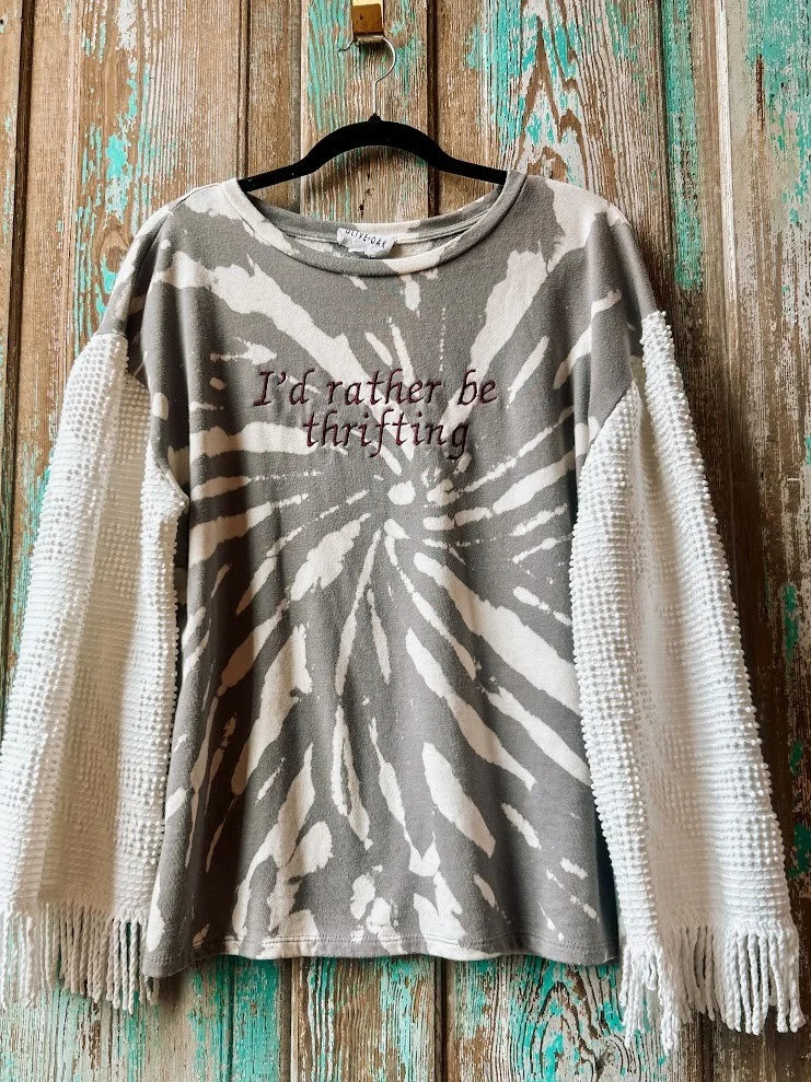 Upcycled "Brielle" I'd Rather Be Thrifting - Chenille Sleeve Sweatshirt: Women's Medium