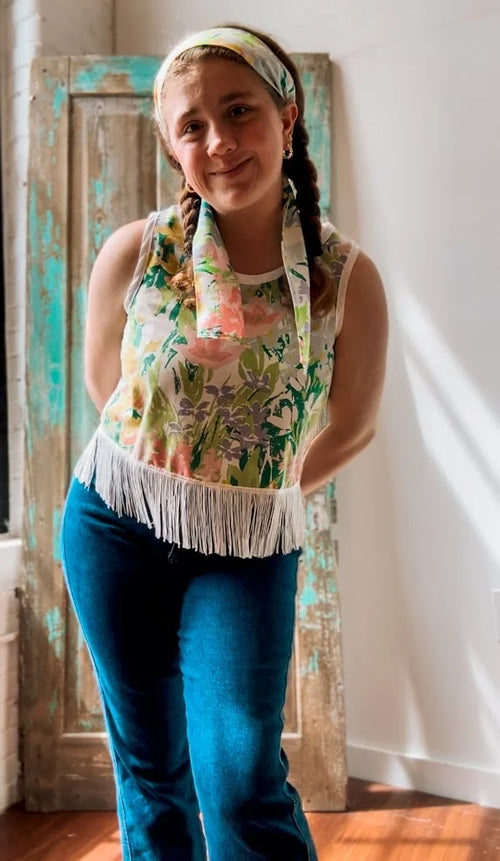 Upcycled "April Showers" Vintage Floral Coverlet and Striped Sheet Tank with Tassels: Women's Medium