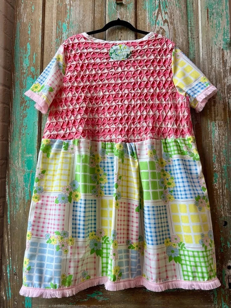 Upcycled "April Showers" Vintage Floral Sheet & Bedspread Dress: Women's Large