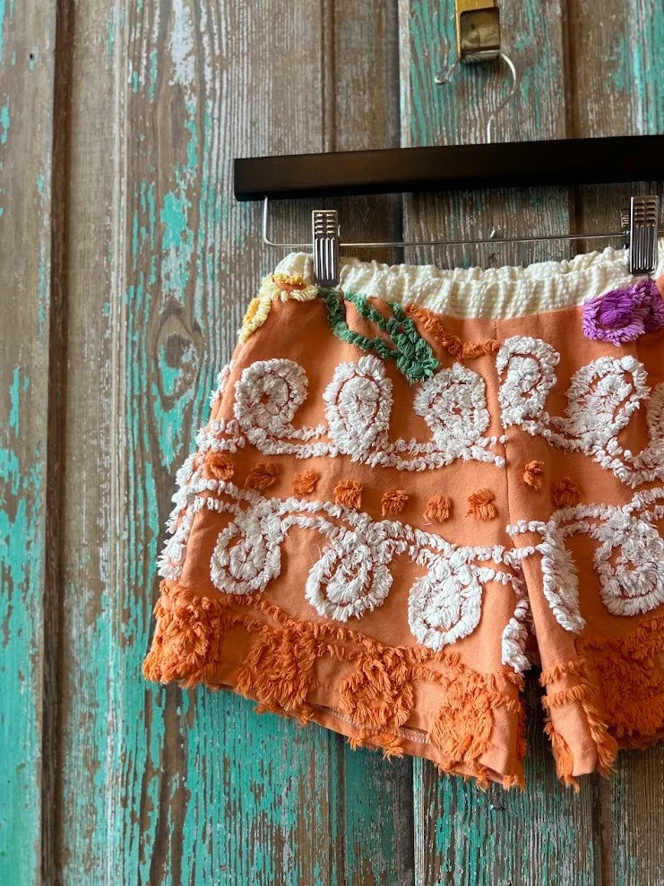Upcycled "Flower Power" Vintage Chenille Bedspread Shorts: Child's Medium