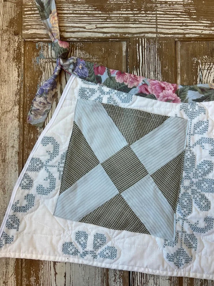 Upcycled "Juniper" Vintage Blue and White Quilt Apron: Adult Half-Apron