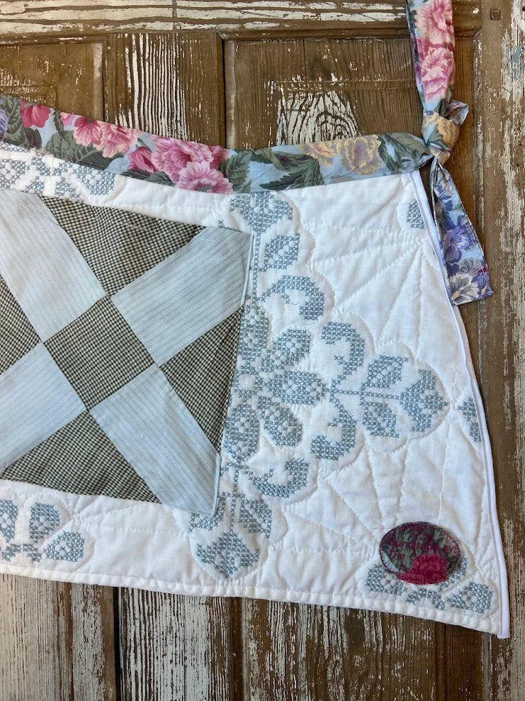 Upcycled "Juniper" Vintage Blue and White Quilt Apron: Adult Half-Apron