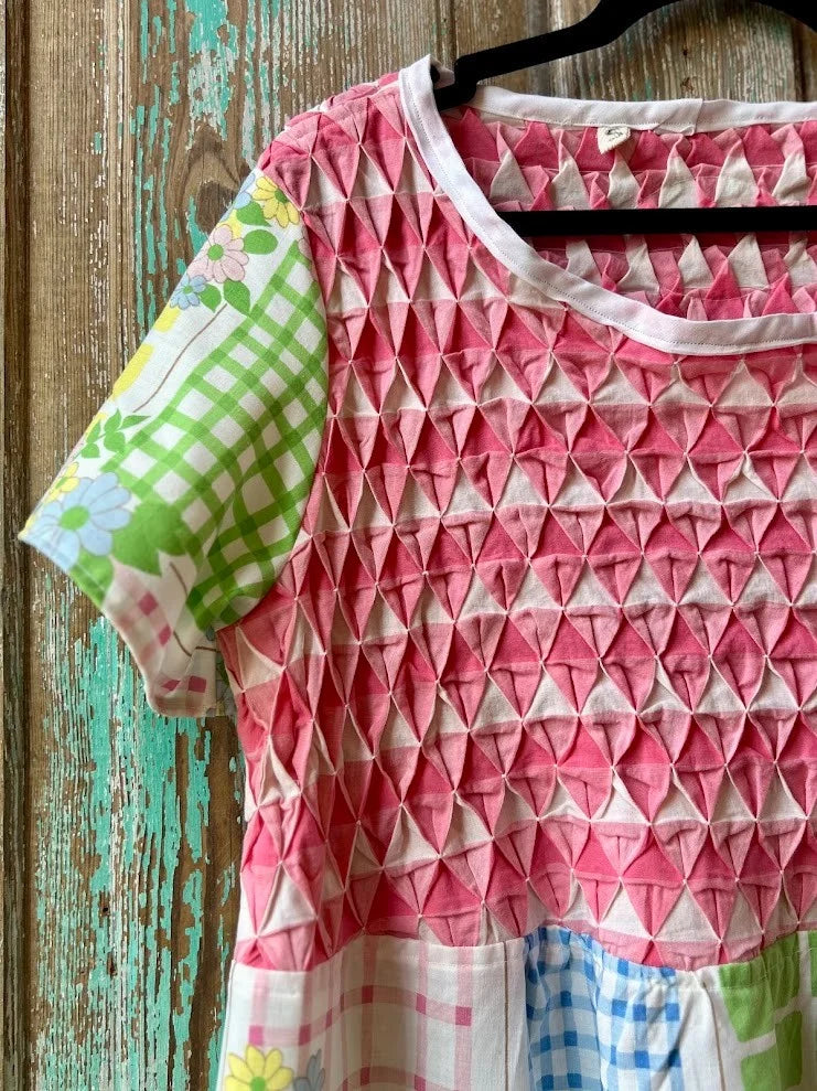 Upcycled "April Showers" Vintage Floral Sheet & Bedspread Dress: Women's Small