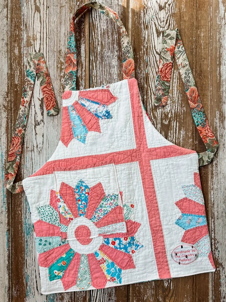 Upcycled "Madeline" Vintage Pink Dresden Plate Quilt Apron: Kids
