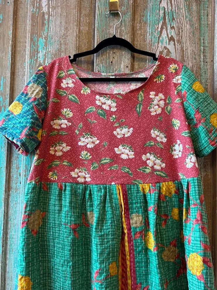 Upcycled "Strawberry Fields" Vintage Tablecloth & Kantha Dress: Women's Medium