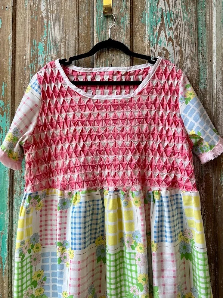 Upcycled "April Showers" Vintage Floral Sheet & Bedspread Dress: Women's Medium