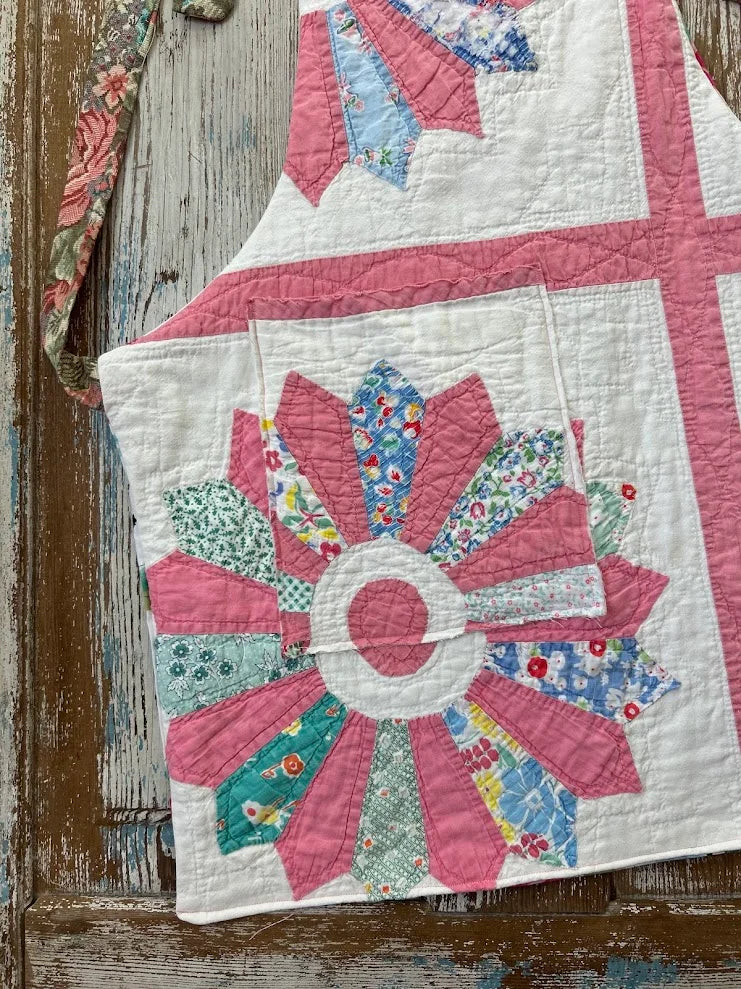 Upcycled "Madeline" Vintage Pink Dresden Plate Quilt Apron: Kids