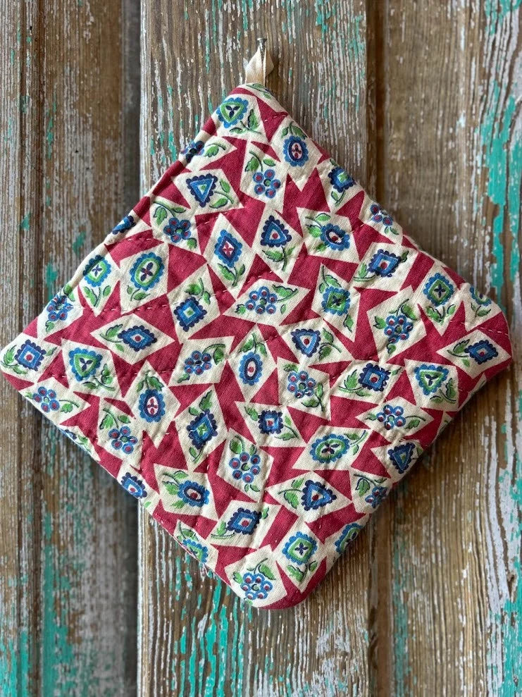 Upcycled Quilt Pot Holder: "Blue and Red Florals"
