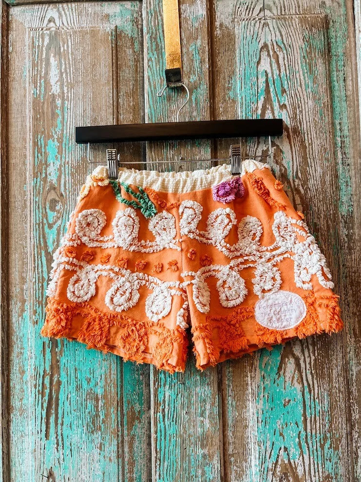 Upcycled "Flower Power" Vintage Chenille Bedspread Shorts: Child's Medium