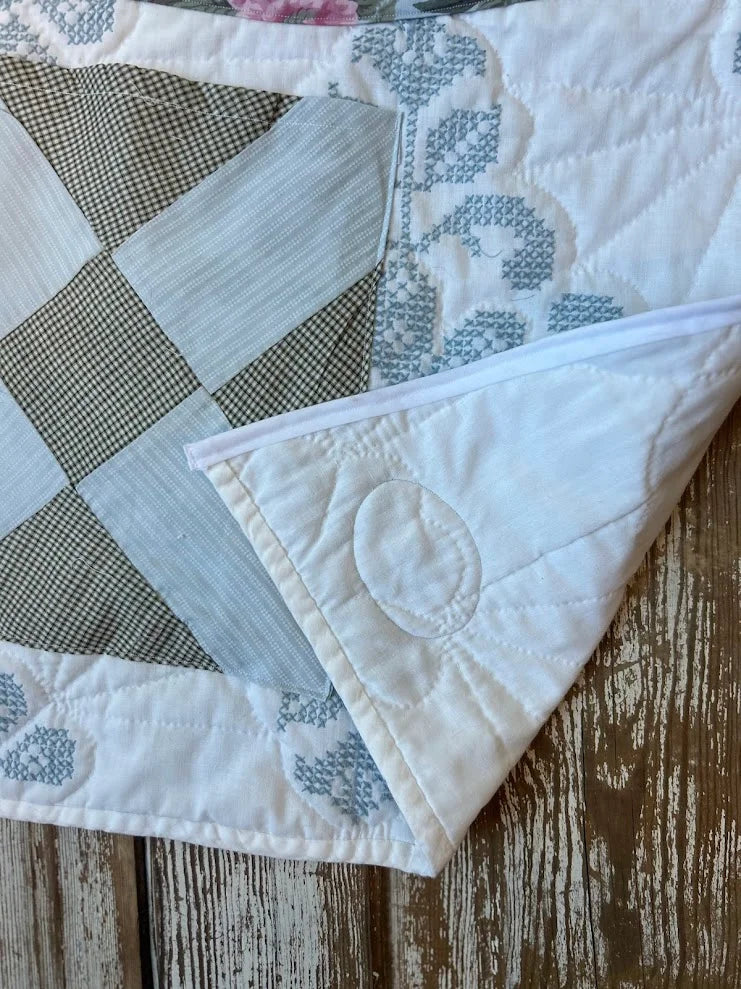 Upcycled "Juniper" Vintage Blue and White Quilt Apron: Adult Half-Apron