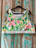 Upcycled "April Showers" Vintage Floral Coverlet Cropped Tank with Lace Hem: Women's XL