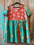 Upcycled "Strawberry Fields" Vintage Tablecloth & Kantha Dress: Women's Medium