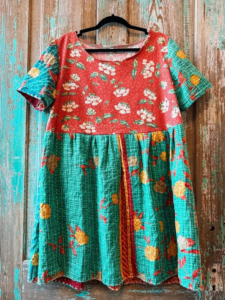 Upcycled "Strawberry Fields" Vintage Tablecloth & Kantha Dress: Women's Medium