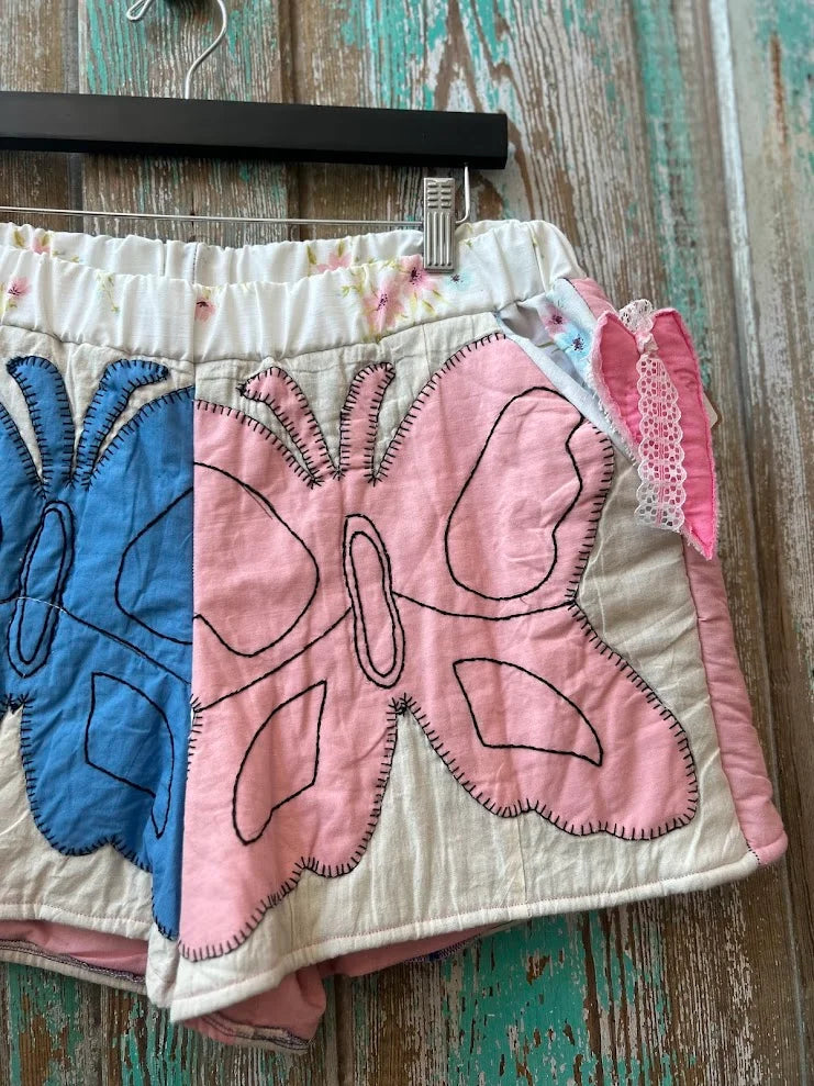 Upcycled "Butterfly" Vintage Quilt Shorts with Pockets: Women's Medium