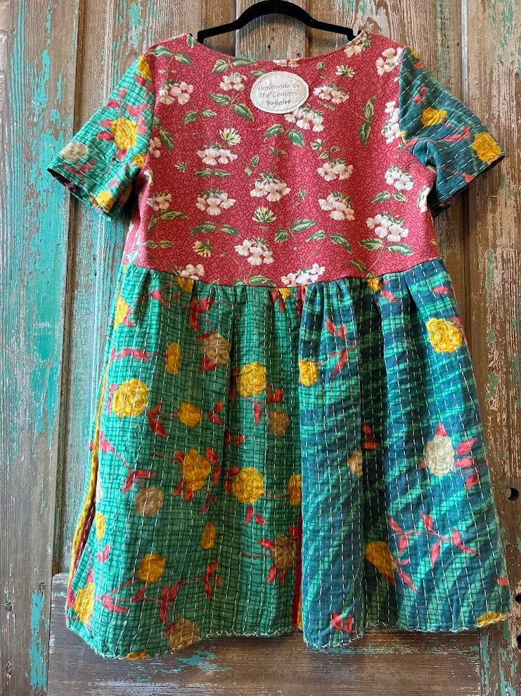 Upcycled "Strawberry Fields" Vintage Tablecloth & Kantha Dress: Women's Medium