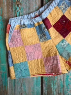 Upcycled "Yellow 4-Patch" Vintage Quilt Shorts with Pockets: Women's XL