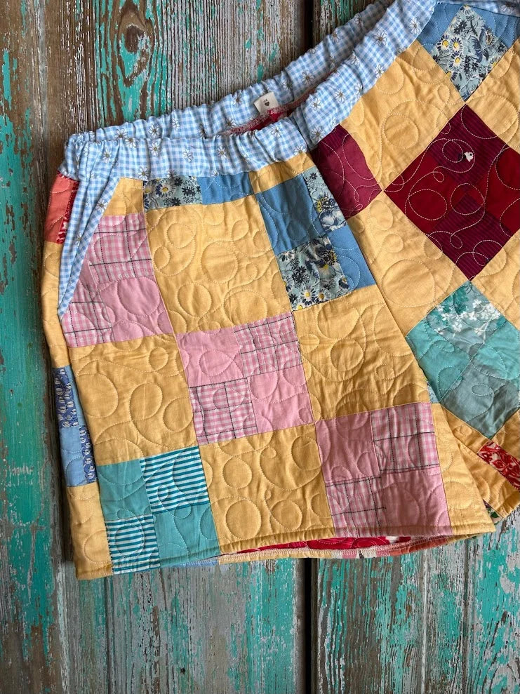 Upcycled "Yellow 4-Patch" Vintage Quilt Shorts with Pockets: Women's XL