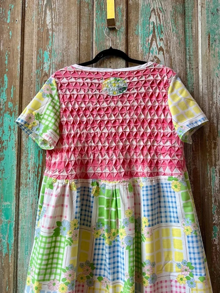 Upcycled "April Showers" Vintage Floral Sheet & Bedspread Dress: Women's Small