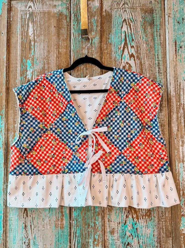 Upcycled "Home Country" Cropped Red and Blue Quilt Top Tie-Front Vest with Ruffle Hem: Women's Medium