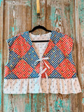 Upcycled "Home Country" Cropped Red and Blue Quilt Top Tie-Front Vest with Ruffle Hem: Women's Medium