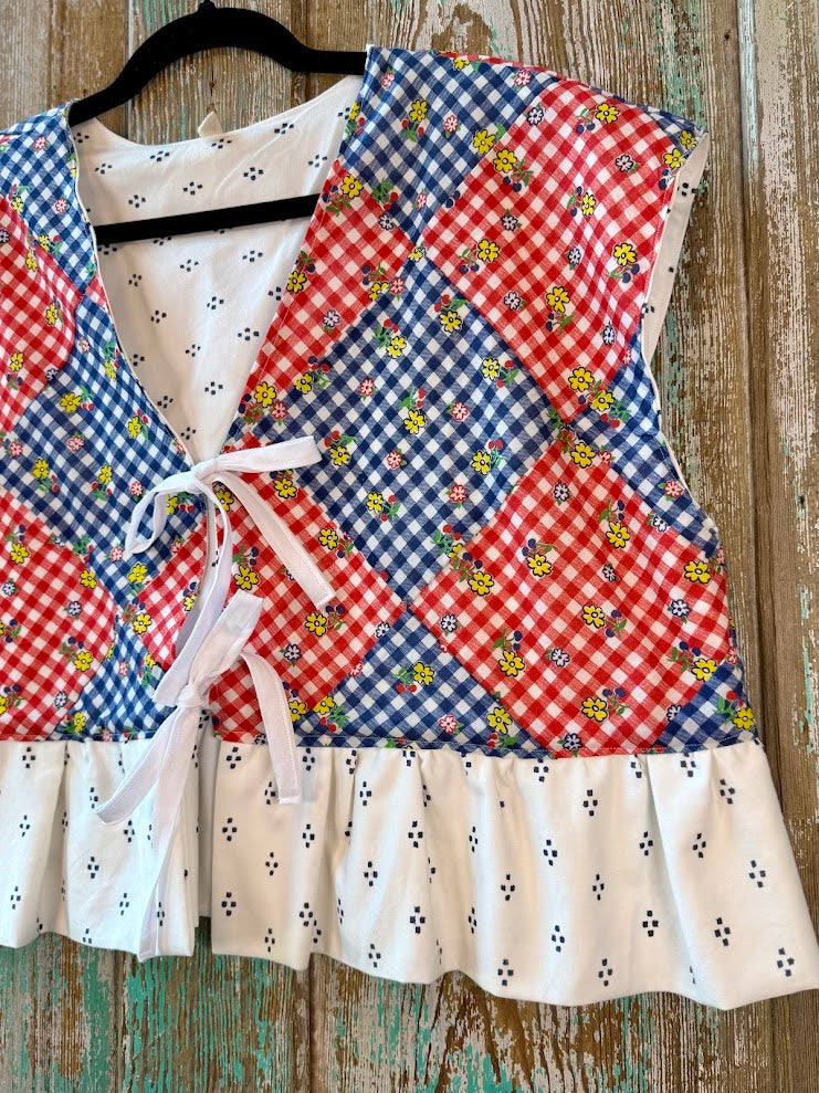 Upcycled "Home Country" Cropped Red and Blue Quilt Top Tie-Front Vest with Ruffle Hem: Women's Medium