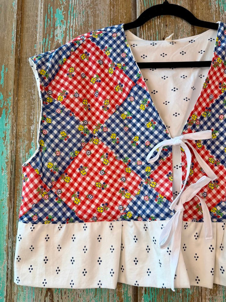 Upcycled "Home Country" Cropped Red and Blue Quilt Top Tie-Front Vest with Ruffle Hem: Women's Medium