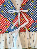 Upcycled "Home Country" Cropped Red and Blue Quilt Top Tie-Front Vest with Ruffle Hem: Women's Medium