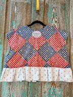 Upcycled "Home Country" Cropped Red and Blue Quilt Top Tie-Front Vest with Ruffle Hem: Women's Medium