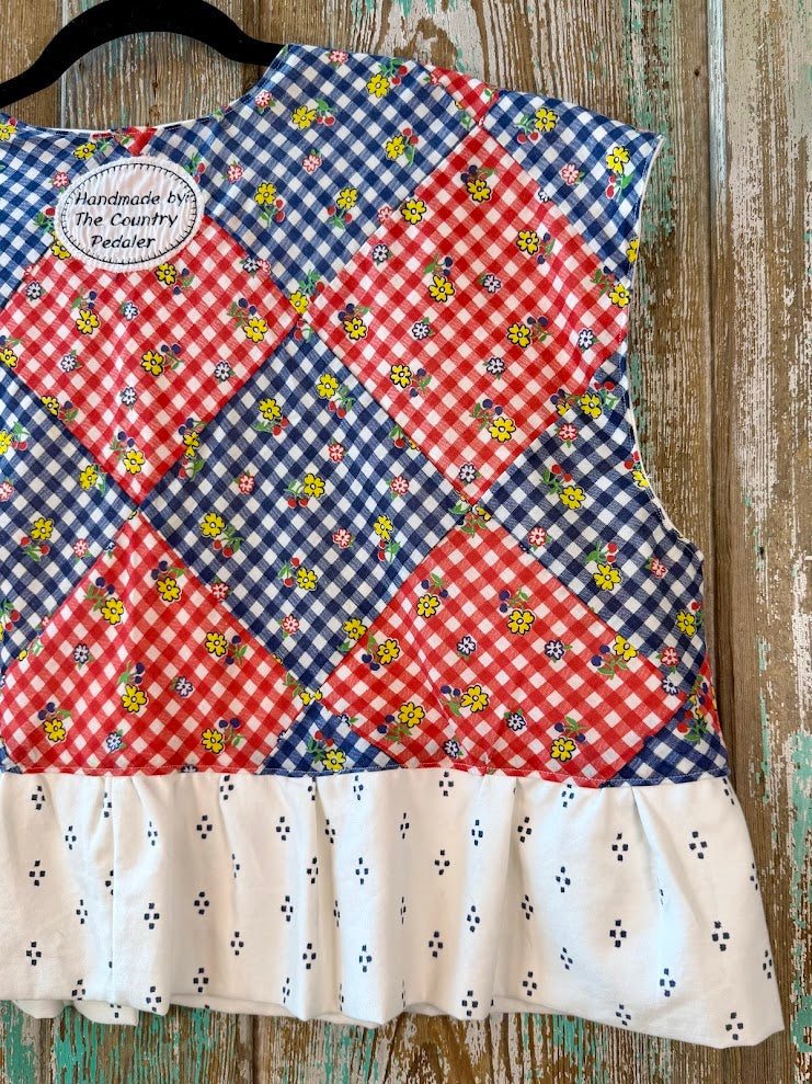 Upcycled "Home Country" Cropped Red and Blue Quilt Top Tie-Front Vest with Ruffle Hem: Women's Medium