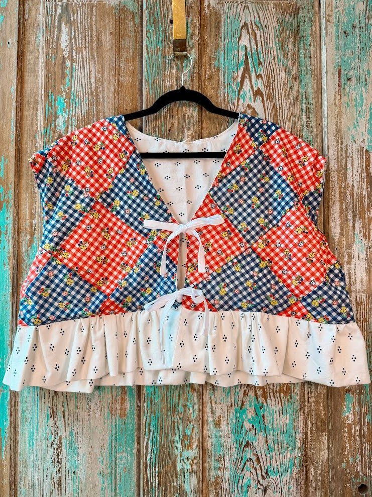 Upcycled "Home Country" Cropped Red and Blue Quilt Top Tie-Front Vest With Ruffle Hem: Women's XL