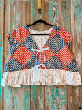 Upcycled "Home Country" Cropped Red and Blue Quilt Top Tie-Front Vest With Ruffle Hem: Women's XL