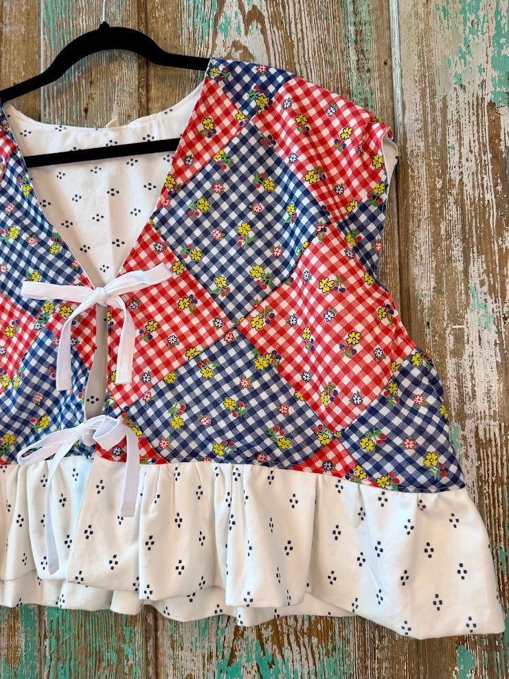 Upcycled "Home Country" Cropped Red and Blue Quilt Top Tie-Front Vest With Ruffle Hem: Women's XL