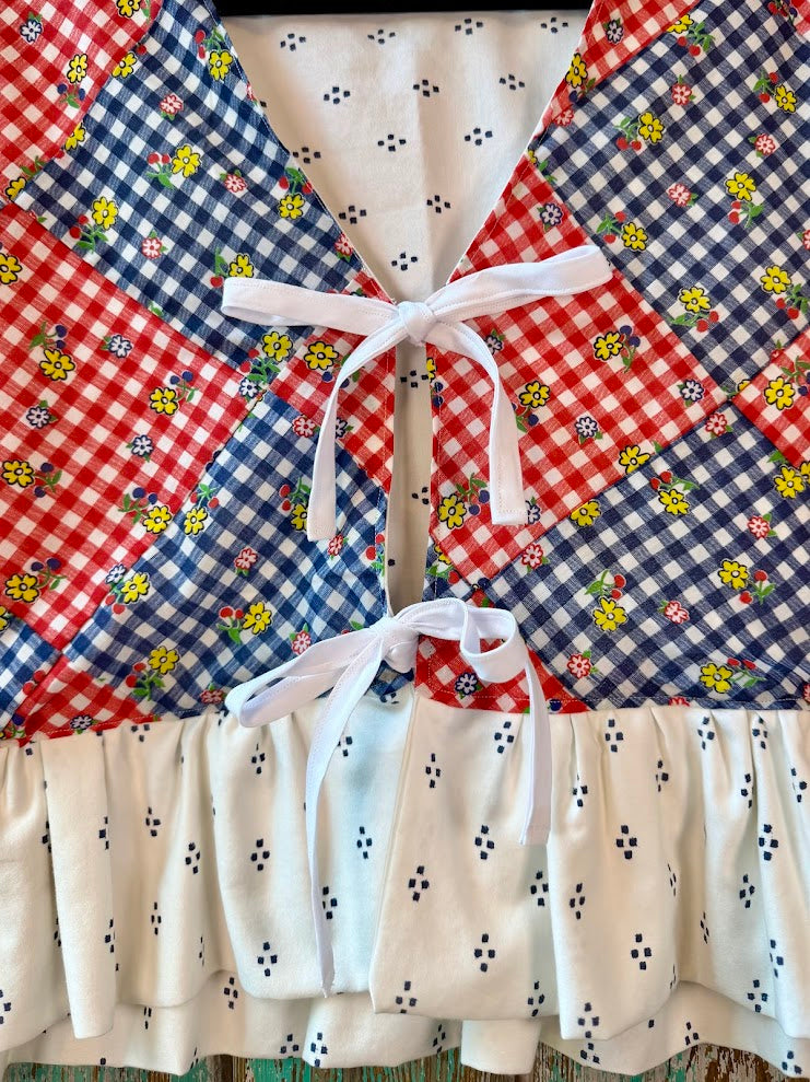 Upcycled "Home Country" Cropped Red and Blue Quilt Top Tie-Front Vest With Ruffle Hem: Women's XL