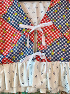 Upcycled "Home Country" Cropped Red and Blue Quilt Top Tie-Front Vest With Ruffle Hem: Women's XL
