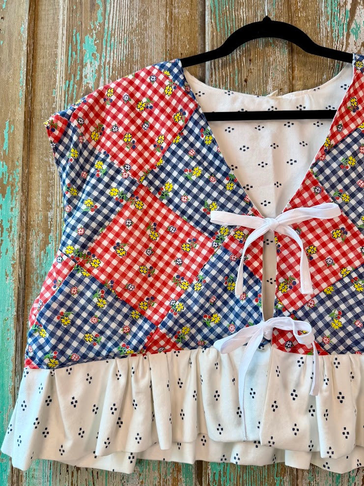Upcycled "Home Country" Cropped Red and Blue Quilt Top Tie-Front Vest With Ruffle Hem: Women's XL