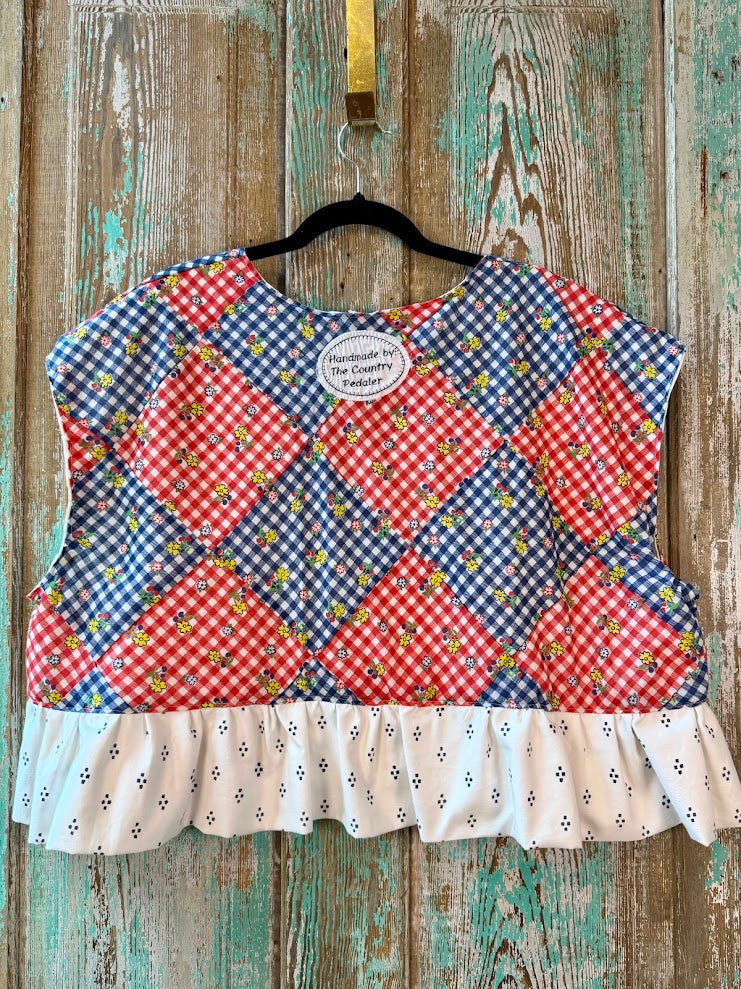 Upcycled "Home Country" Cropped Red and Blue Quilt Top Tie-Front Vest With Ruffle Hem: Women's XL