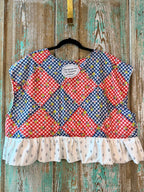 Upcycled "Home Country" Cropped Red and Blue Quilt Top Tie-Front Vest With Ruffle Hem: Women's XL