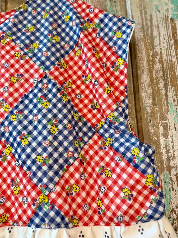 Upcycled "Home Country" Cropped Red and Blue Quilt Top Tie-Front Vest With Ruffle Hem: Women's XL