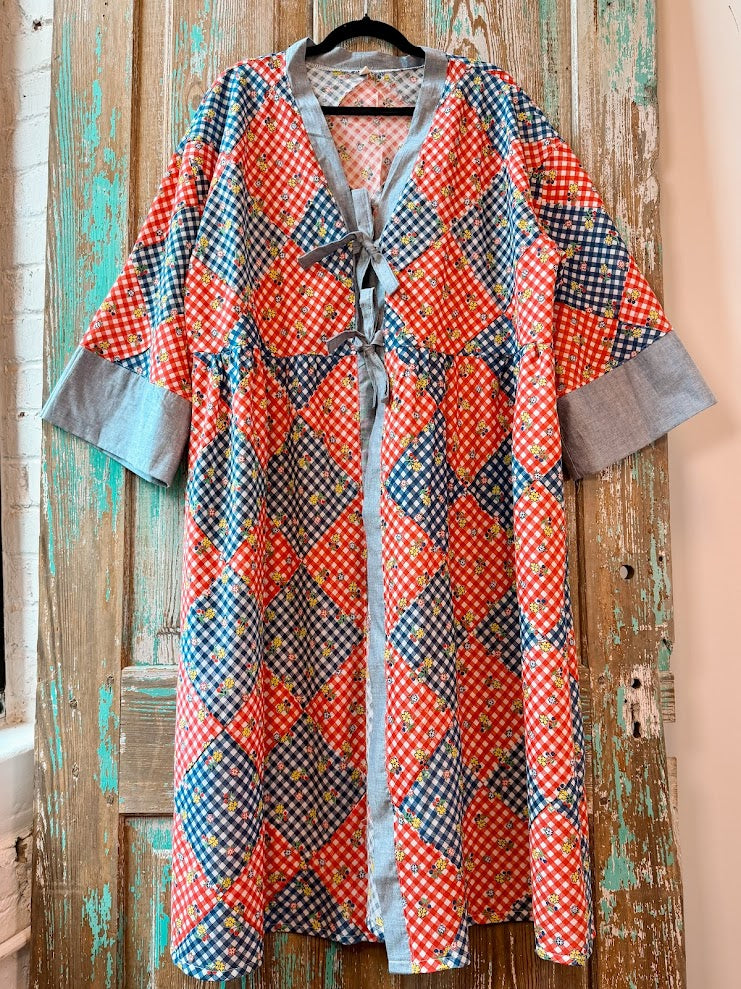 Upcycled "Home Country" Vintage Red and Blue Quilt Top Duster with Tie-Front: Women's Large