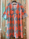 Upcycled "Home Country" Vintage Red and Blue Quilt Top Duster with Tie-Front: Women's Large