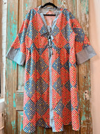 Upcycled "Home Country" Vintage Red and Blue Quilt Top Duster with Tie-Front: Women's Large