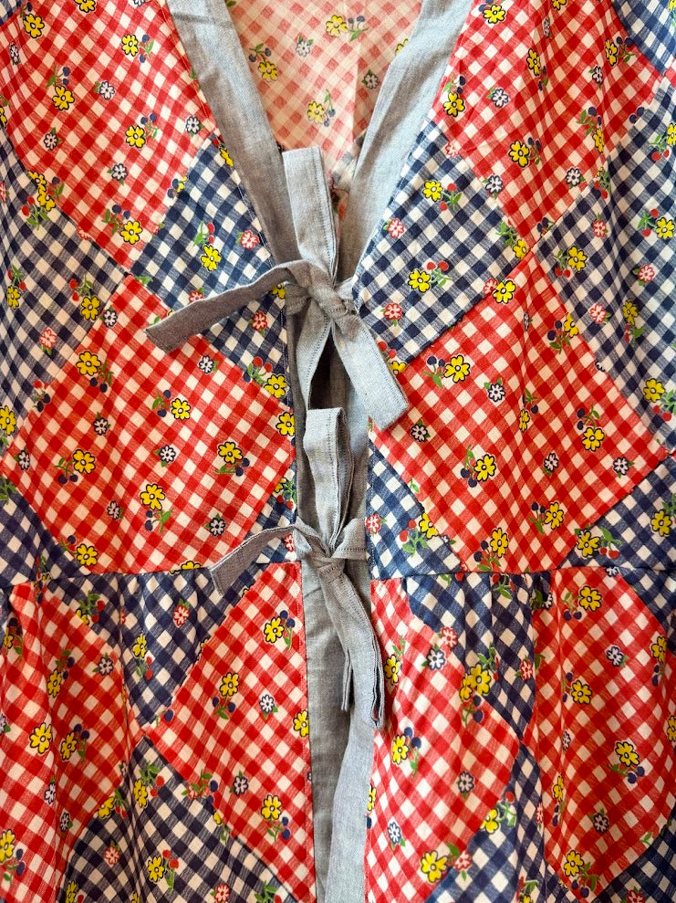 Upcycled "Home Country" Vintage Red and Blue Quilt Top Duster with Tie-Front: Women's Large